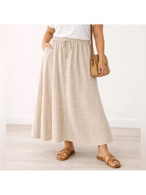 Max Studio Beige Plaid Drawstring summer gingham Maxi Skirt, small